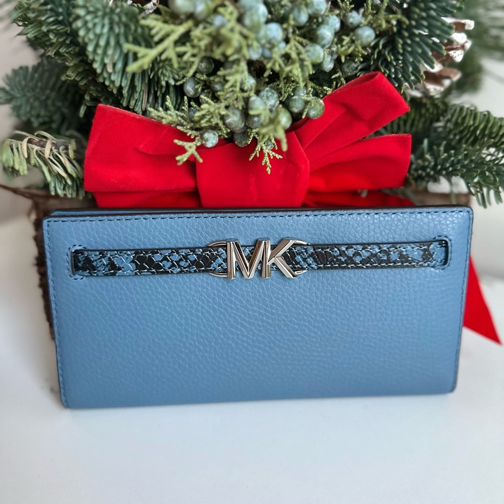 NWT Michael Kors Reed Large Snap Leather Wallet Exotic Denim Blue